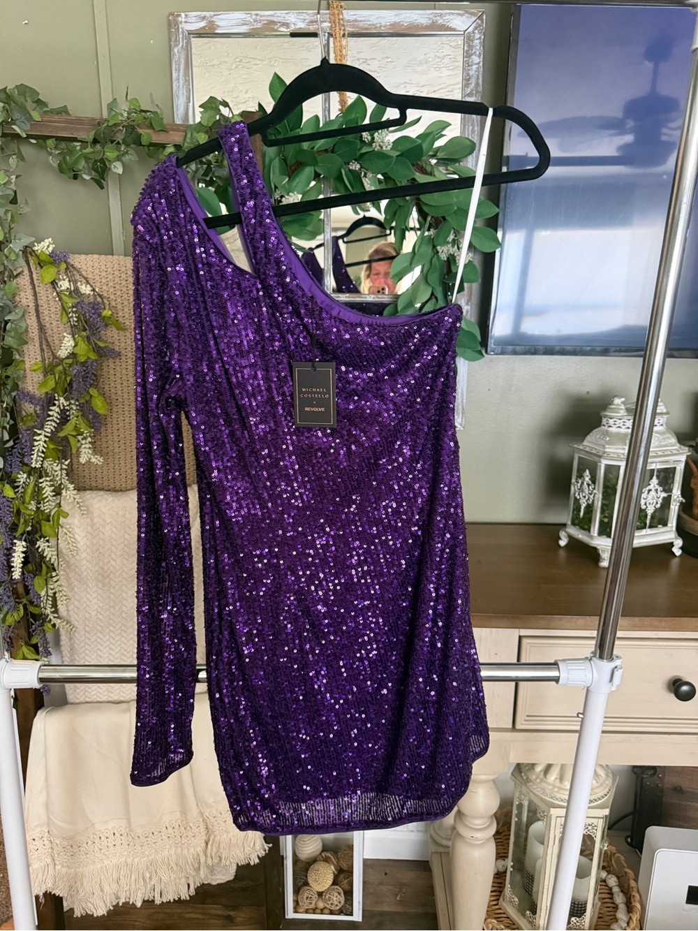 Michael Costello Purple Sequin One-Shoulder Mini Dress